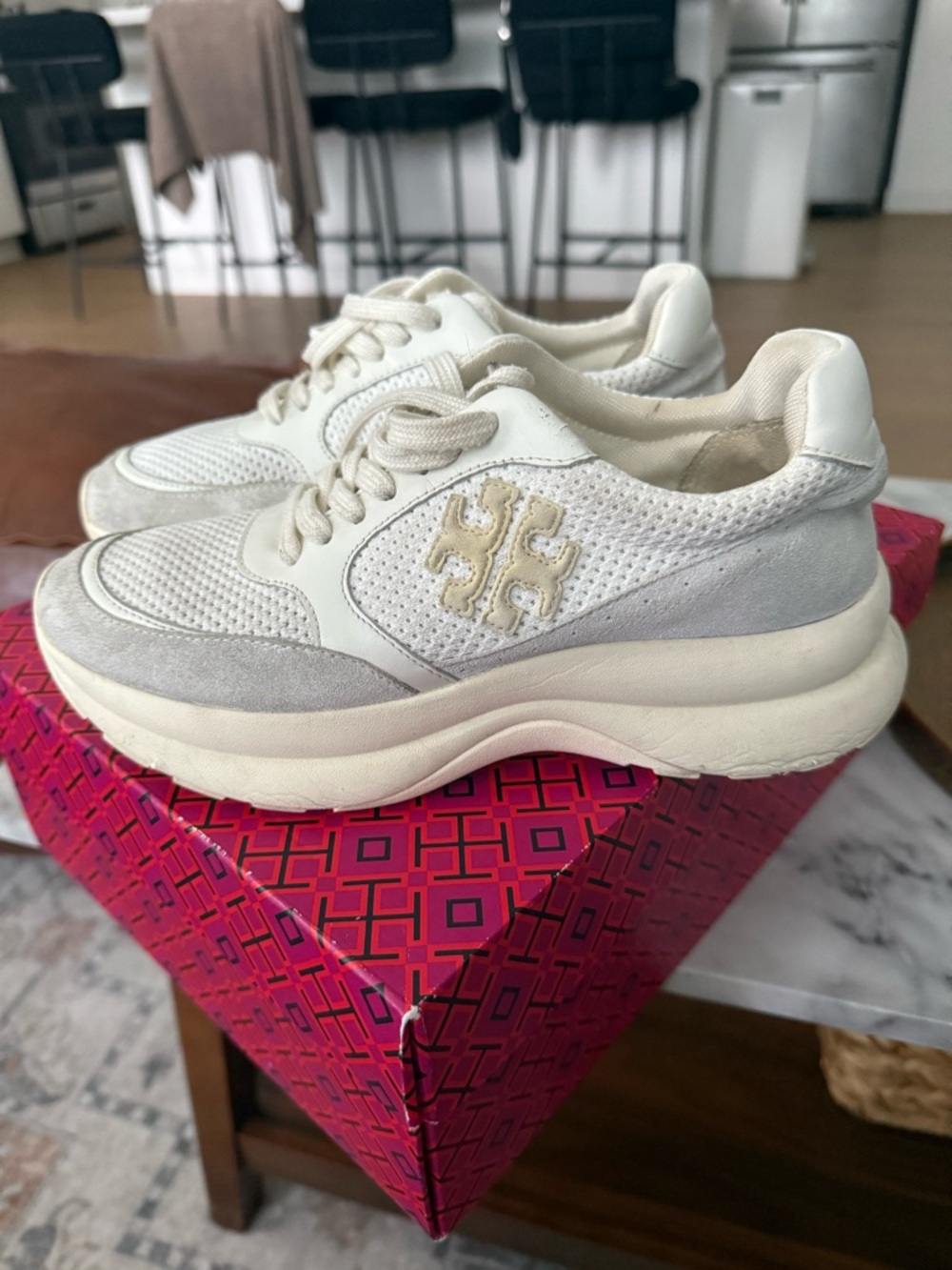 Tory Burch Off-White Cream Mesh & Suede Sneakers